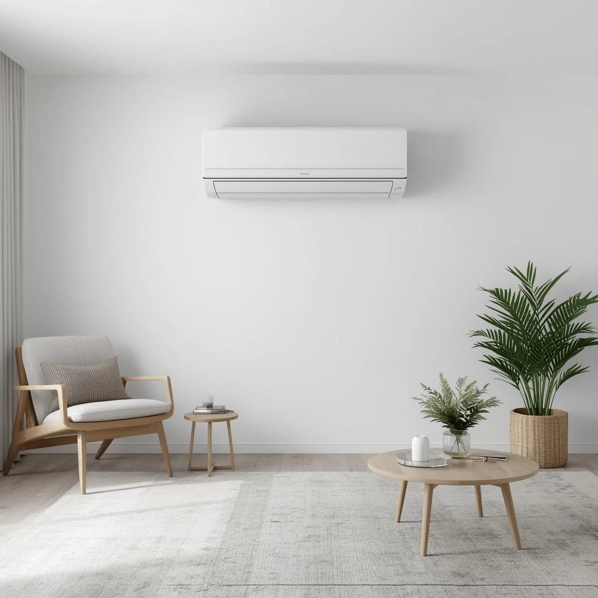 Bomba de calor mini split instalada en una sala luminosa