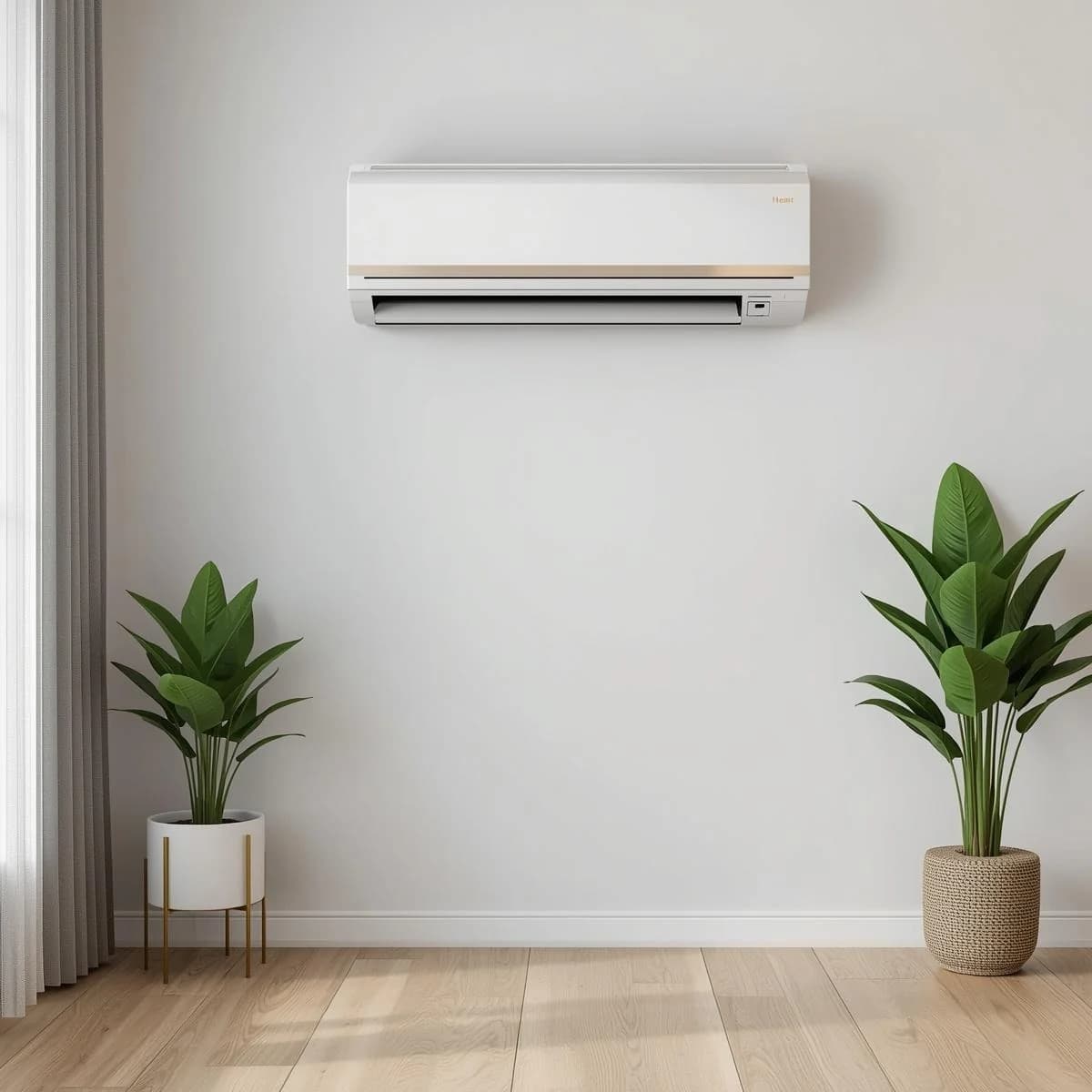 Modern wall-mounted heat pump in a bright room with houseplants
