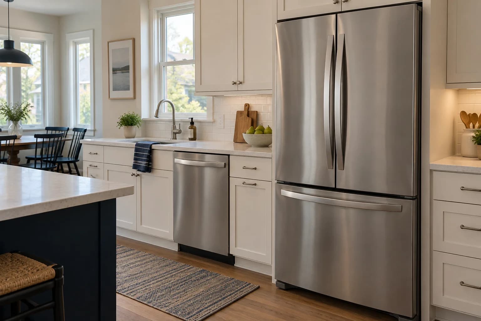 Refrigerador de puertas francesas y lavavajillas de acero inoxidable en una cocina